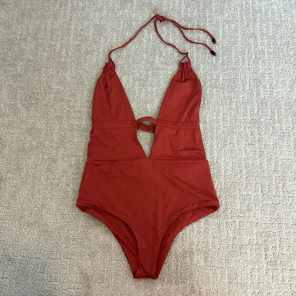 Tavik “Emme” halter one piece rust red dusty plunge v neck high cut cheeky